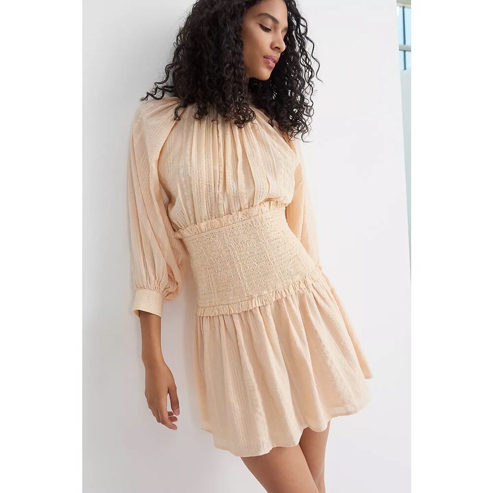 Anthropologie Smocked Waist MiniDress Peach Ruffle High Neck Balloon Sleeve Boho